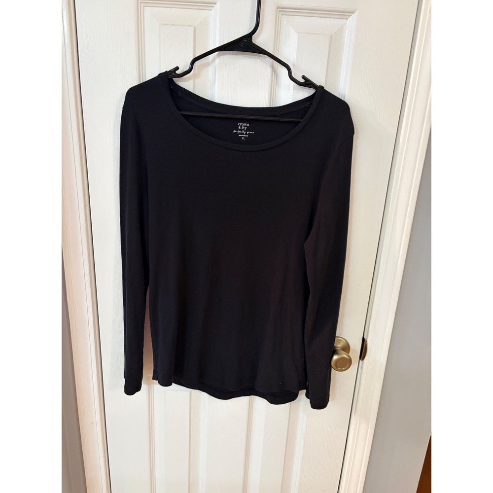 Crown & Ivy Long Sleeve Top Womens XL Black Perfectly Pima Scoop Neck Basic
